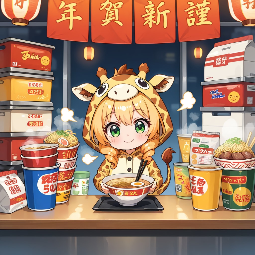ラーメンを食べるキリン着ぐるみちび子ちゃん