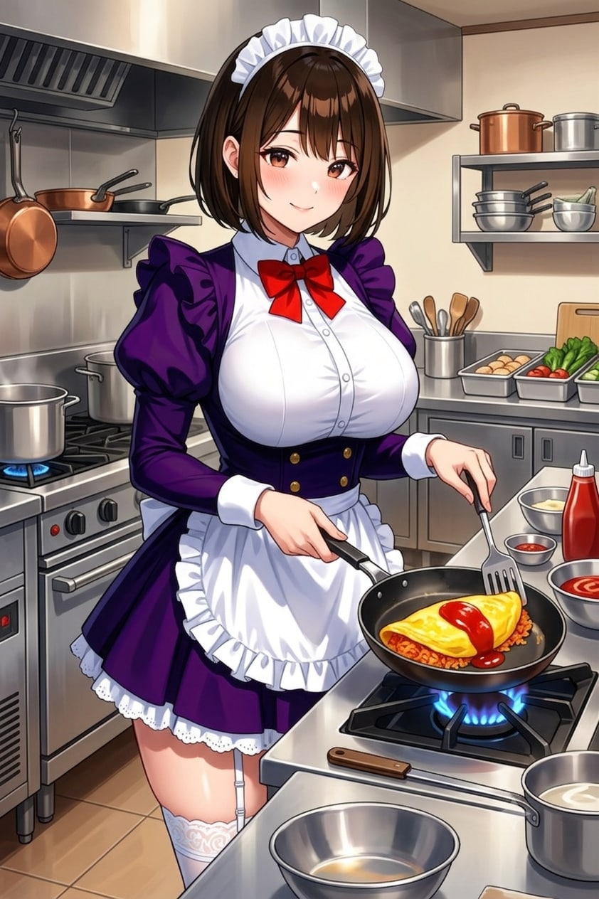オムライスを調理するアキちゃん