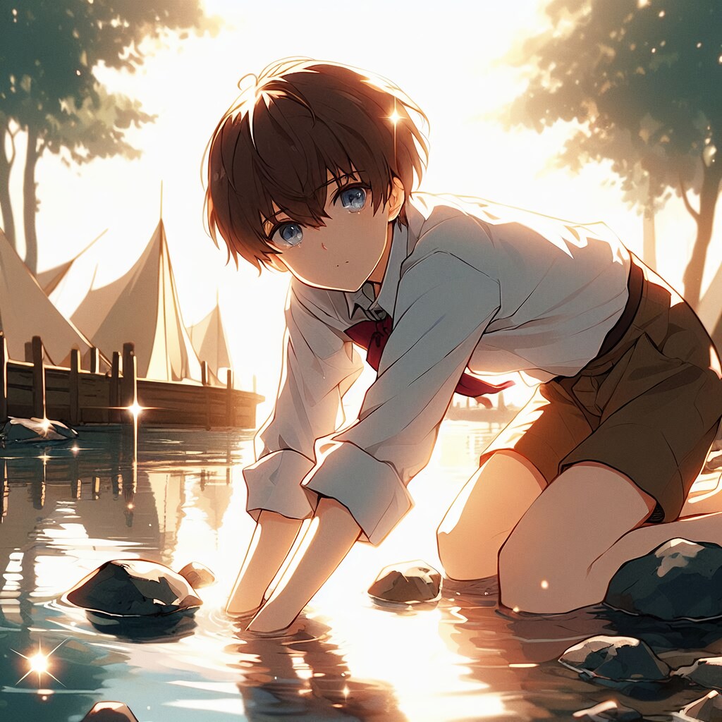 水辺で遊ぶ少年