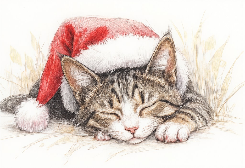 サンタの帽子を被った猫