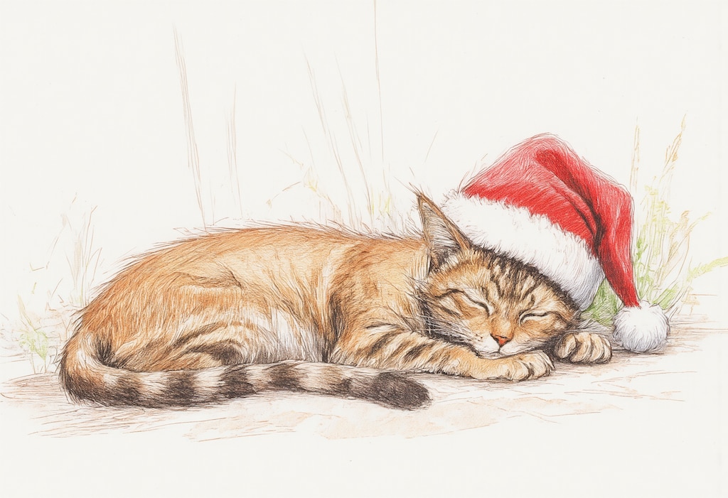サンタの帽子を被った猫