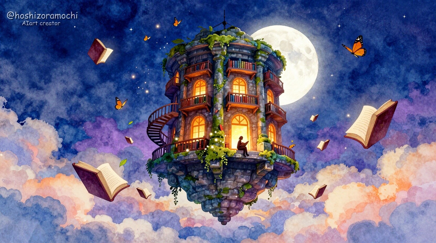 月明かりに浮かぶ不思議な図書館 📖 | の人気AIイラスト・グラビア