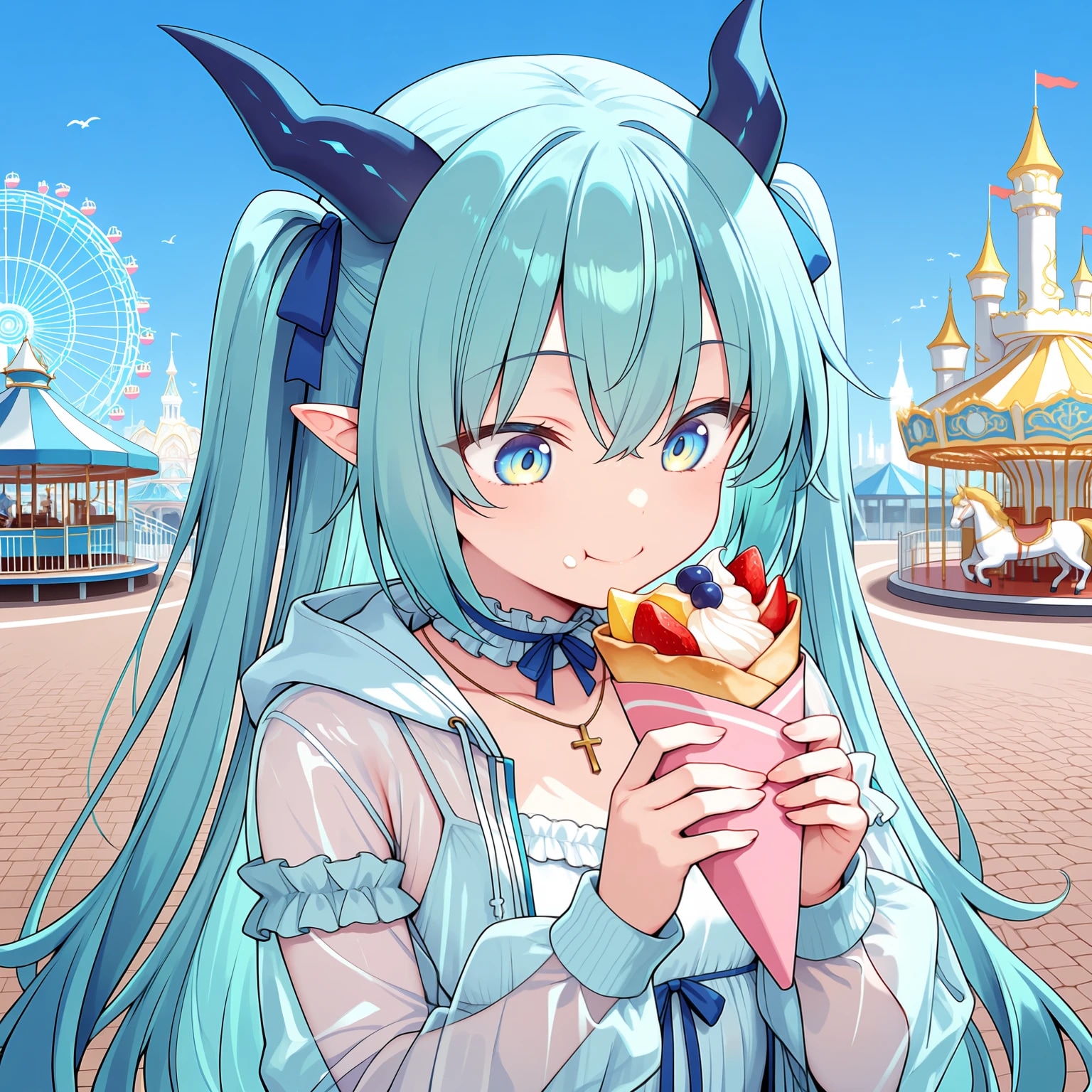 遊園地でクレープを食べる竜娘さん