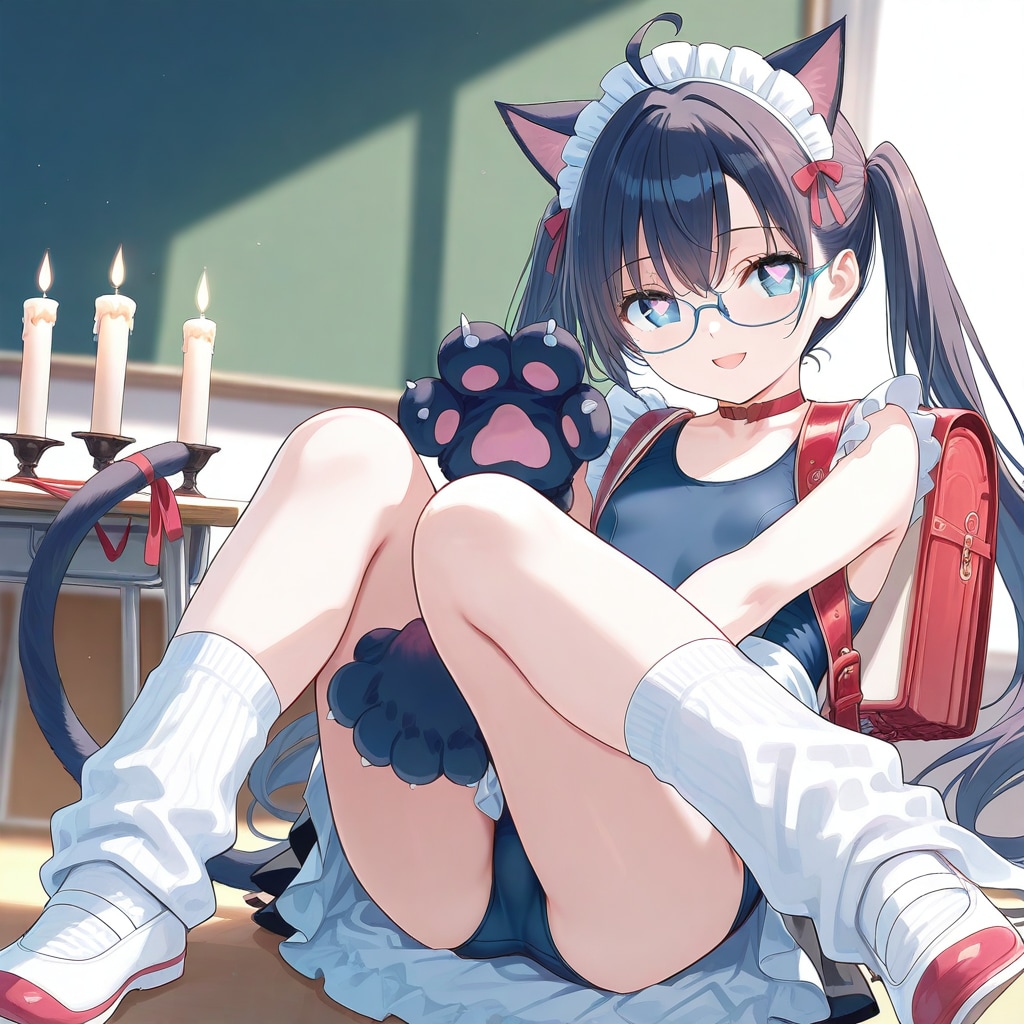 黒髪ツインテール猫耳メガネスク水メイドランドセル猫手袋ルーズソックスアホ毛尻尾付き少女