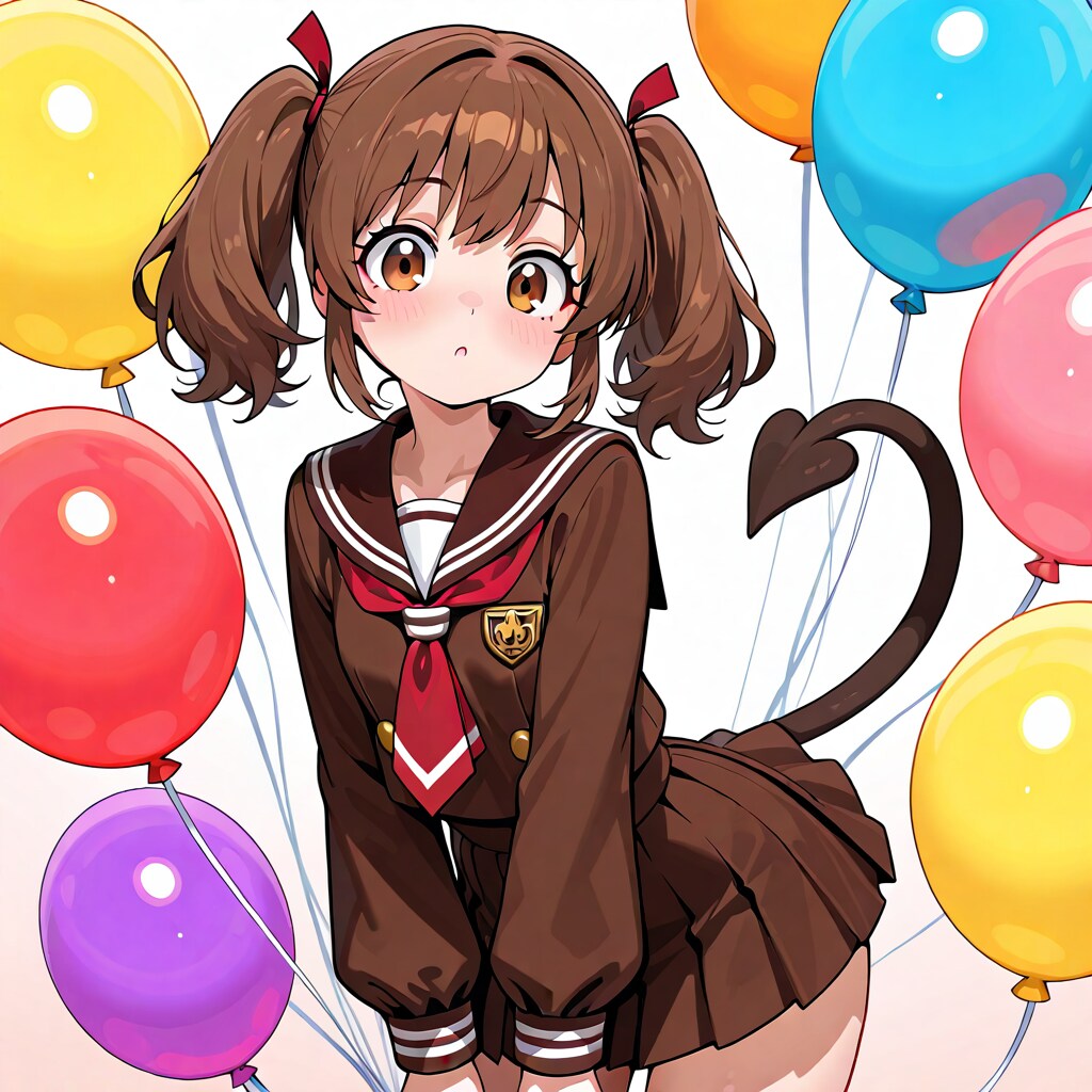 いっぱい色とりどりの風船を持つブラウンツインテールのセーラー服着た美少女 | の人気AIイラスト・グラビア