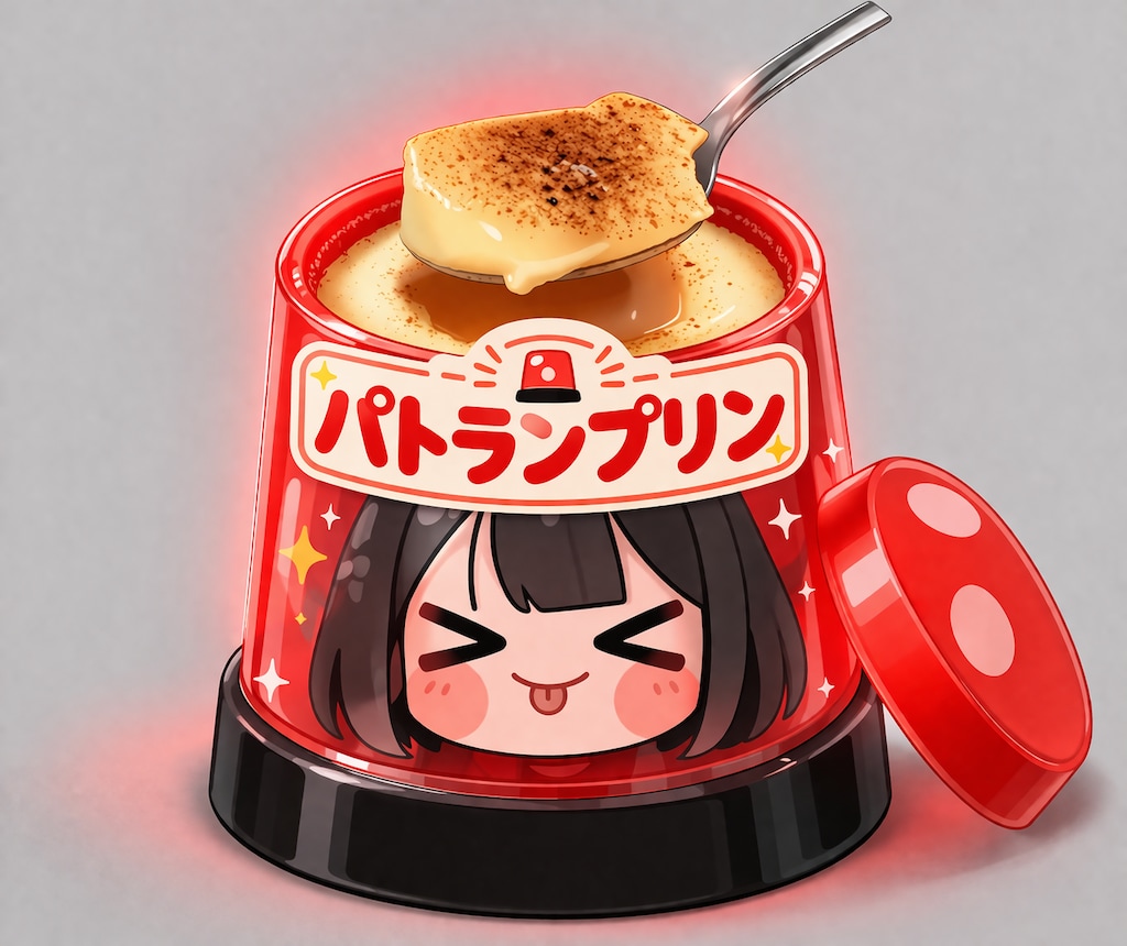みなさん！パトランプちゃんのパトランプが器になったプリンが発売中ですよ！食べ終わったら洗ってインテリアとして飾るのです！