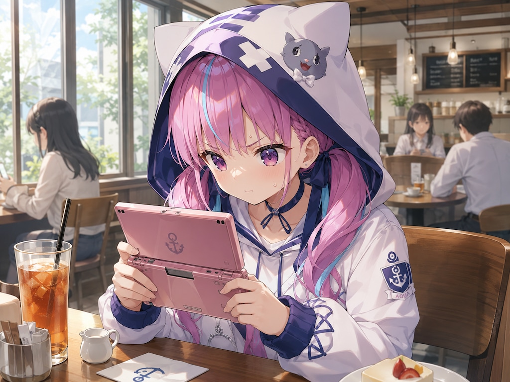 カフェでDSする湊あくあ