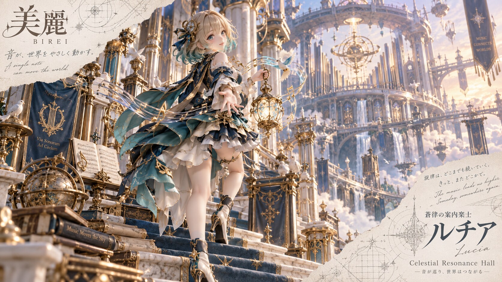 A melody-guided musician dancing down golden stairs, doves and music notes trailing toward a whole s | の人気AIイラスト・グラビア
