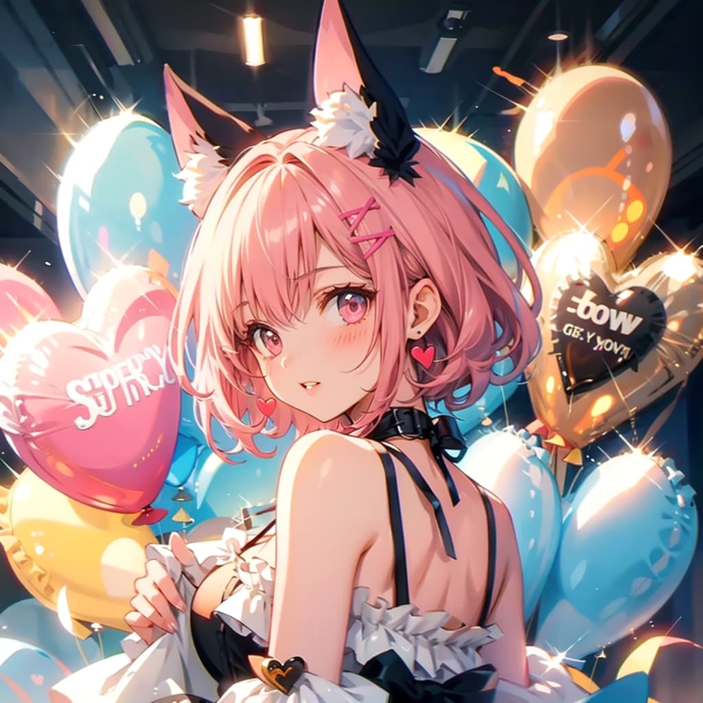 色とりどりの風船を持つピンク髪ショートカットの美少女