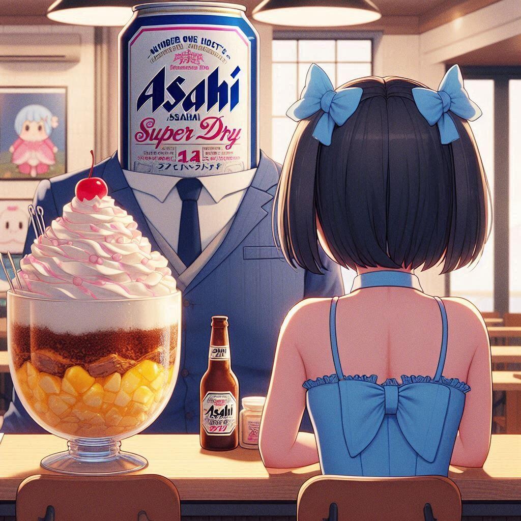 少女に巨大パフェをご馳走するスーツのビール缶