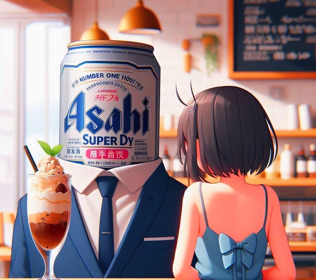 少女に巨大パフェをご馳走するスーツのビール缶