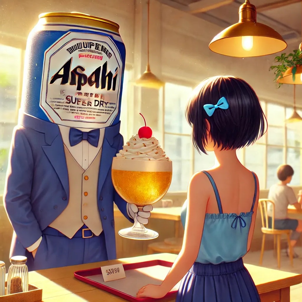 少女に巨大パフェをご馳走するスーツのビール缶