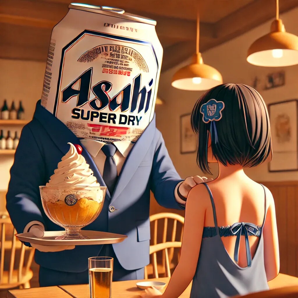 少女に巨大パフェをご馳走するスーツのビール缶 | の人気AIイラスト・グラビア