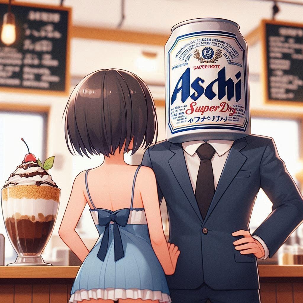 少女に巨大パフェをご馳走するスーツのビール缶
