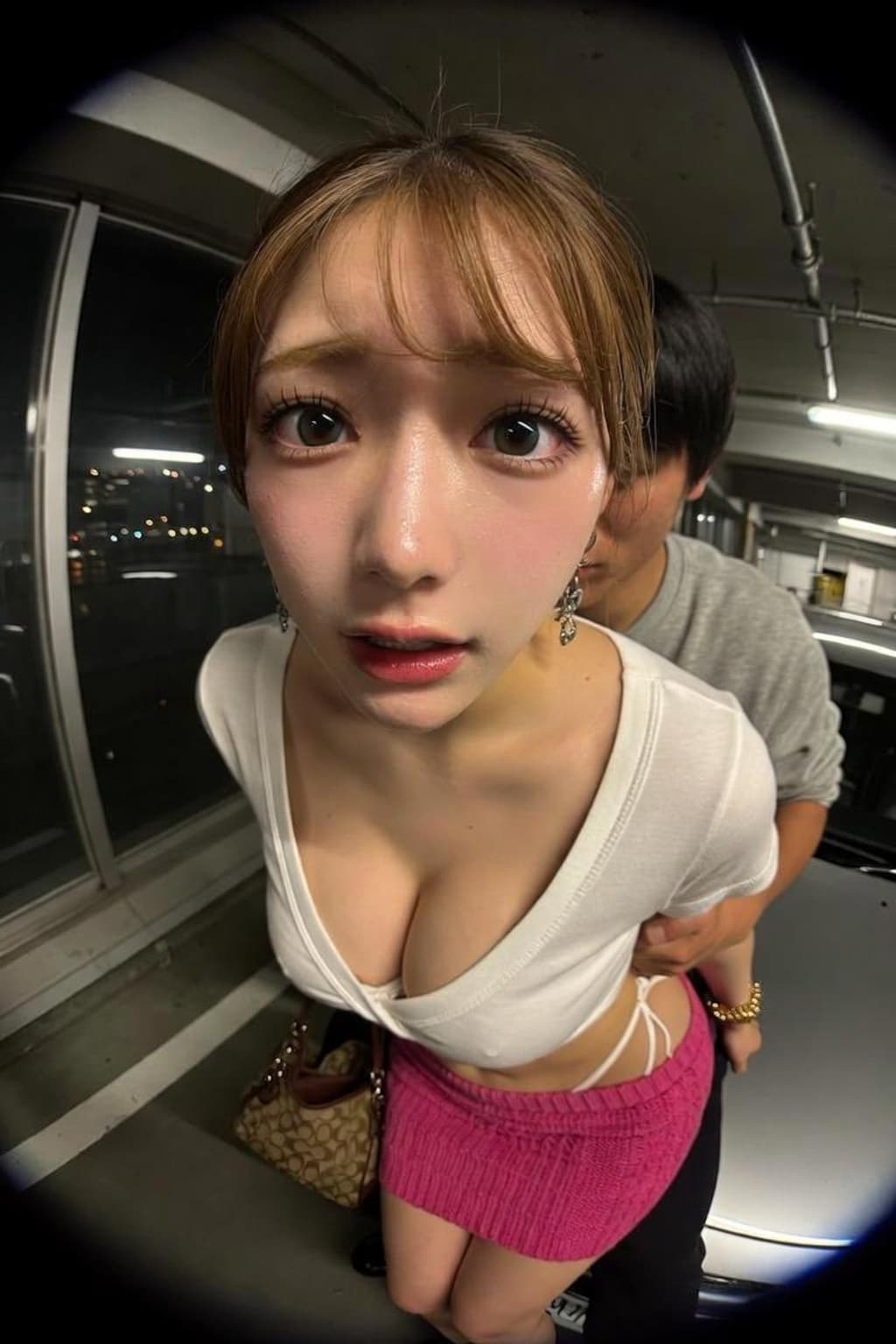 屋内駐車場で美女と