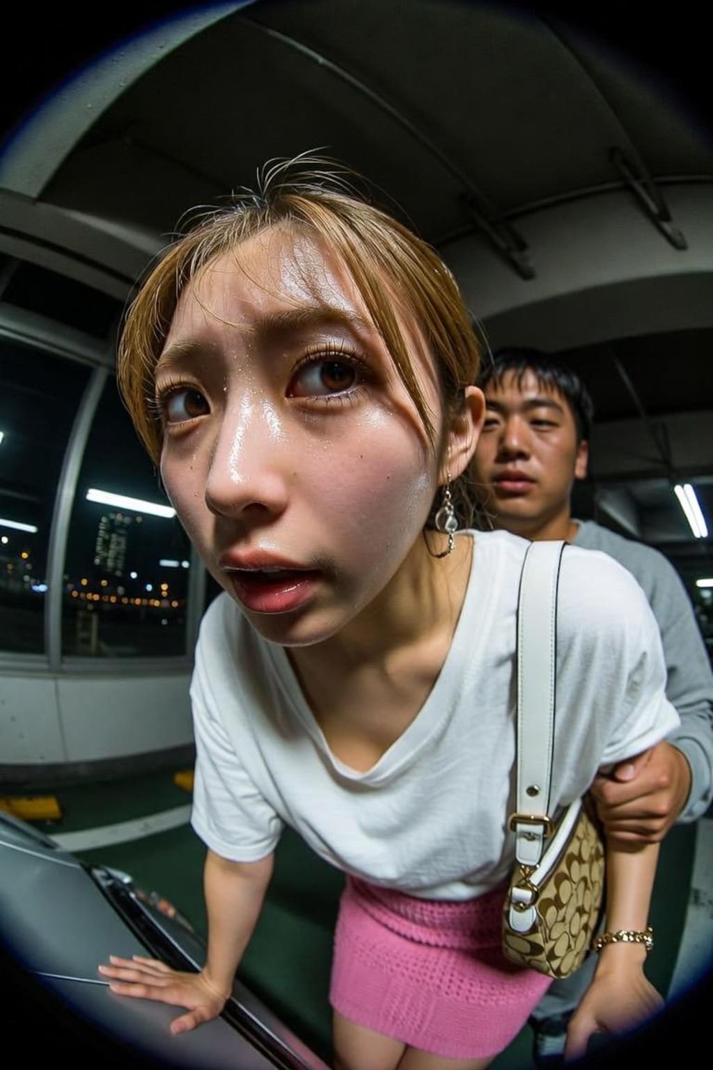 屋内駐車場で美女と