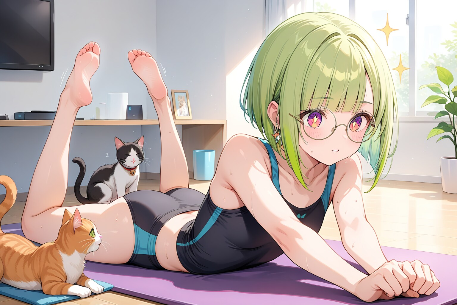 猫とストレッチ