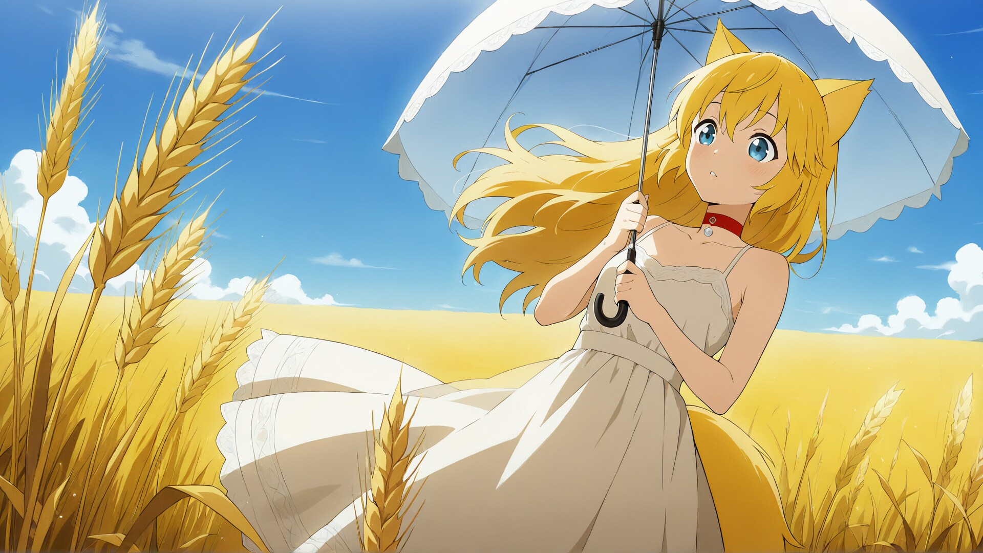 まぶしい日差しと風の匂いに実りの季節の到来を感じながら小麦畑を歩き髪を揺らして耳を澄まして自分と似た色を帯びる小麦達に親近感を覚えるキツネ | の人気AIイラスト・グラビア