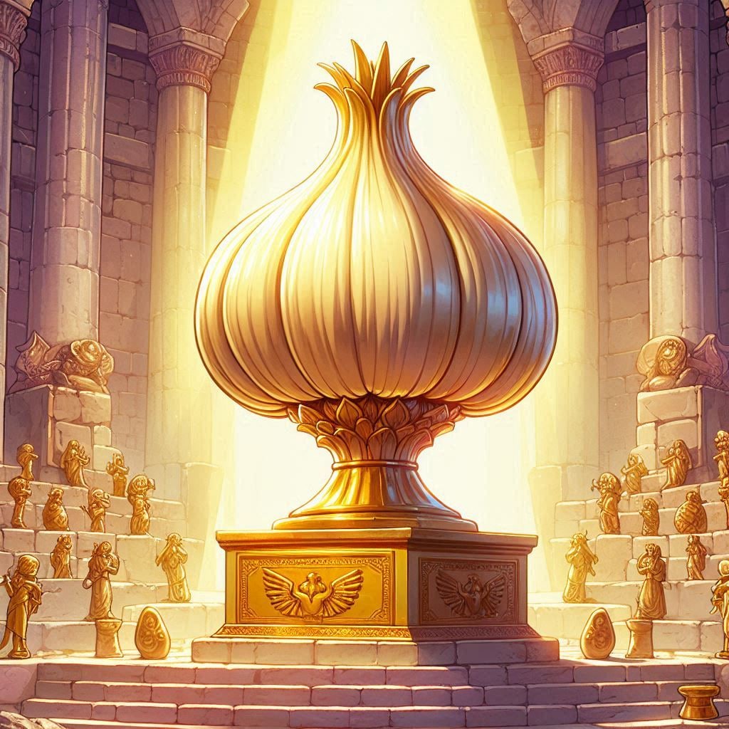 『anime-illust, A gold garlic statue enshrined on an altar in an ancient ruin.』 | の人気AIイラスト・グラビア