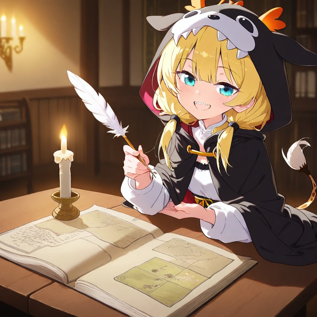 地図に書き込む黒い着ぐるみちゃん