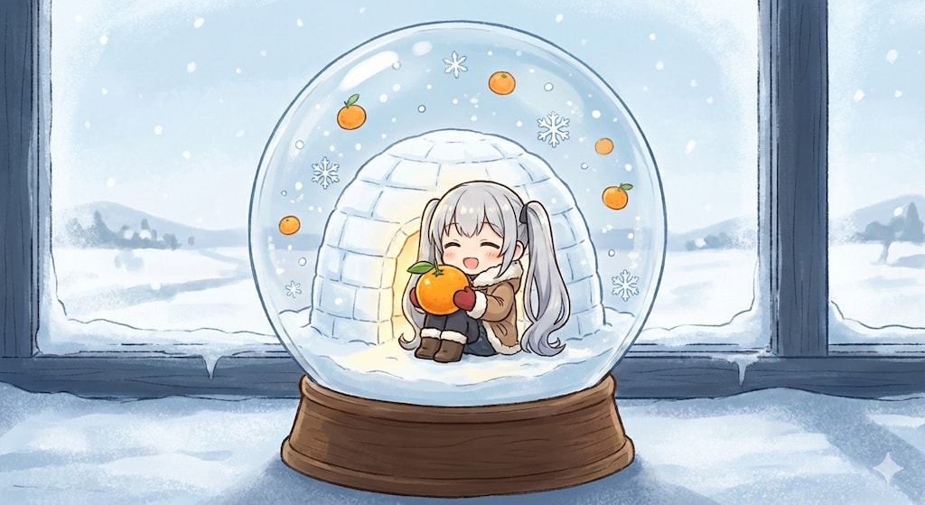 ちびちゃんとかまくらとお蜜柑のSnow globe(Nano Banana Pro版)