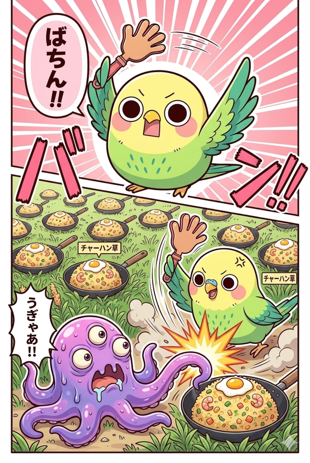 チャーハン畑泥棒を咎めるえらインコっちゃ