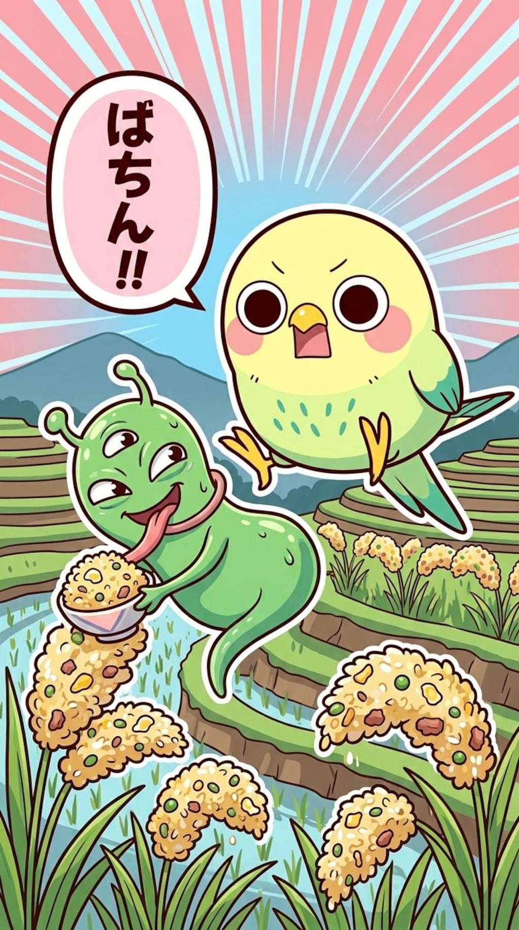 チャーハン畑泥棒を咎めるえらインコっちゃ