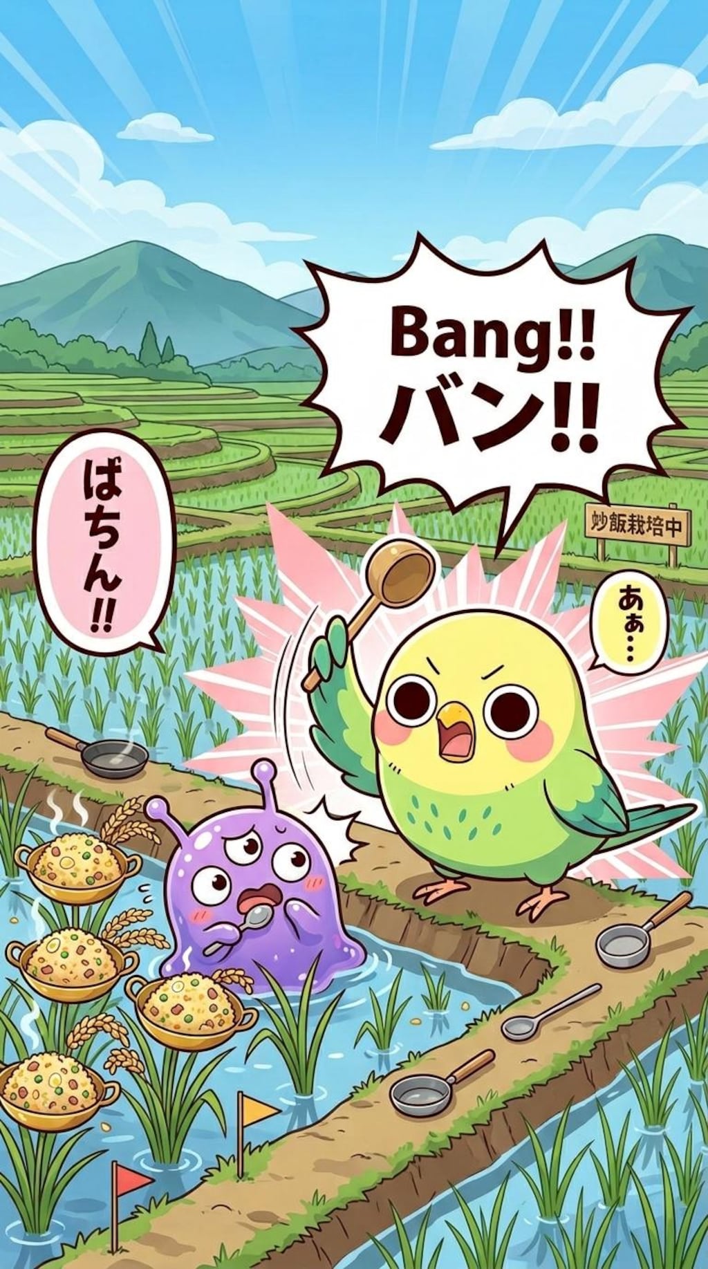 チャーハン畑泥棒を咎めるえらインコっちゃ
