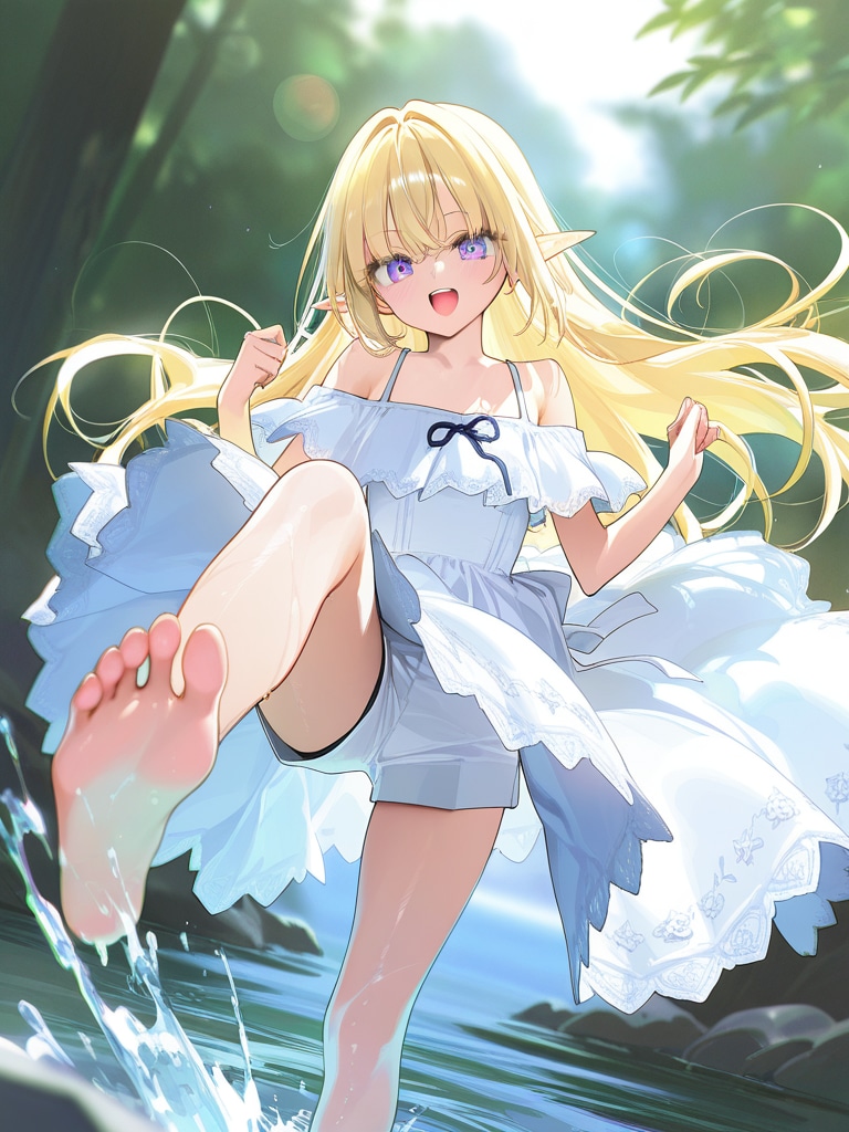 川遊びをするエルフの女の子