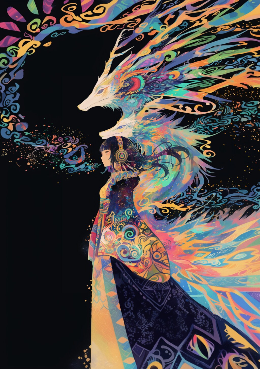 カラフルな竜が見守る女の子