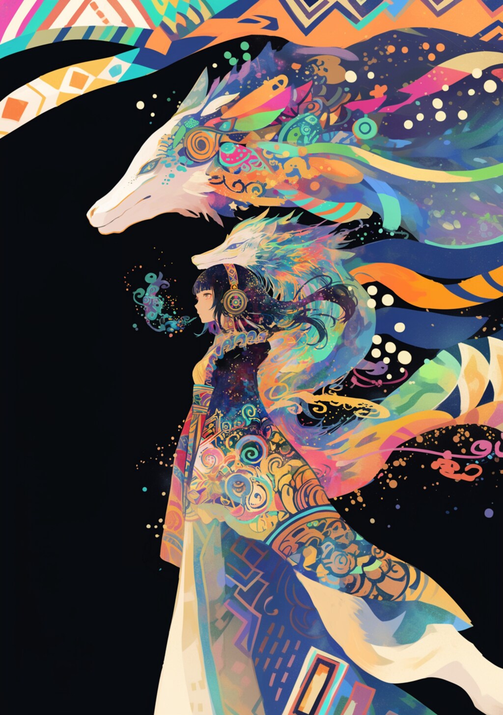 カラフルな竜が見守る女の子