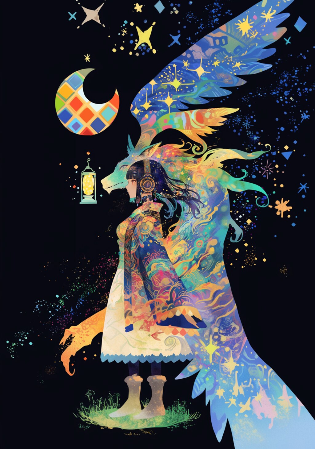 カラフルな竜が見守る女の子