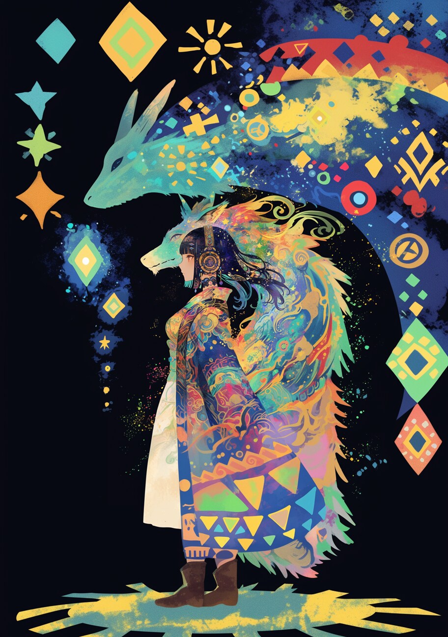 カラフルな竜が見守る女の子 | の人気AIイラスト・グラビア