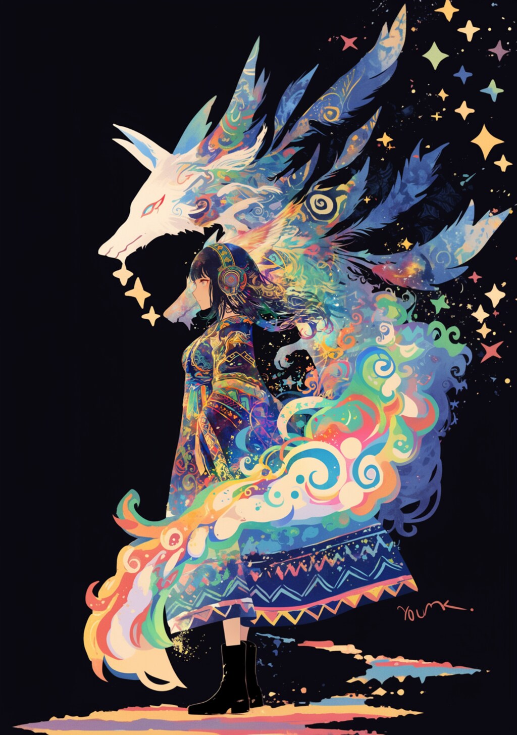 カラフルな竜が見守る女の子