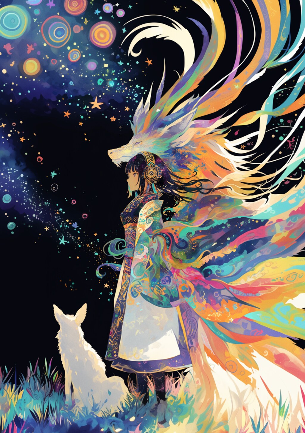 カラフルな竜が見守る女の子