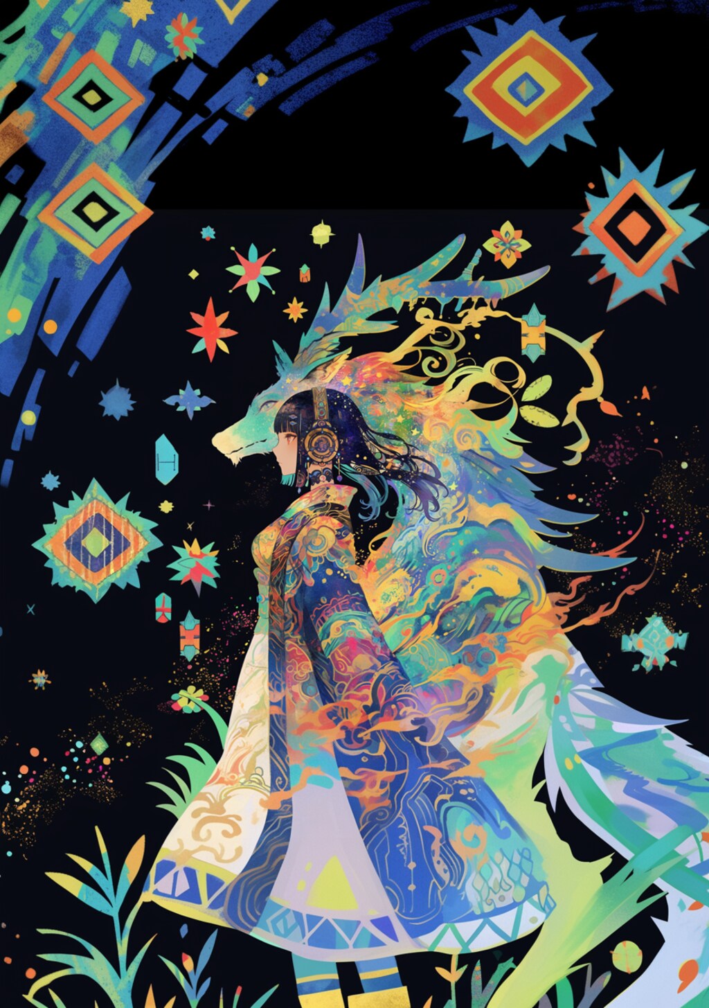 カラフルな竜が見守る女の子