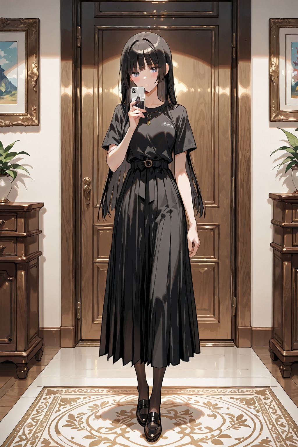 「スーパーロング黒髪、美しいストレートヘアー」の全身写真