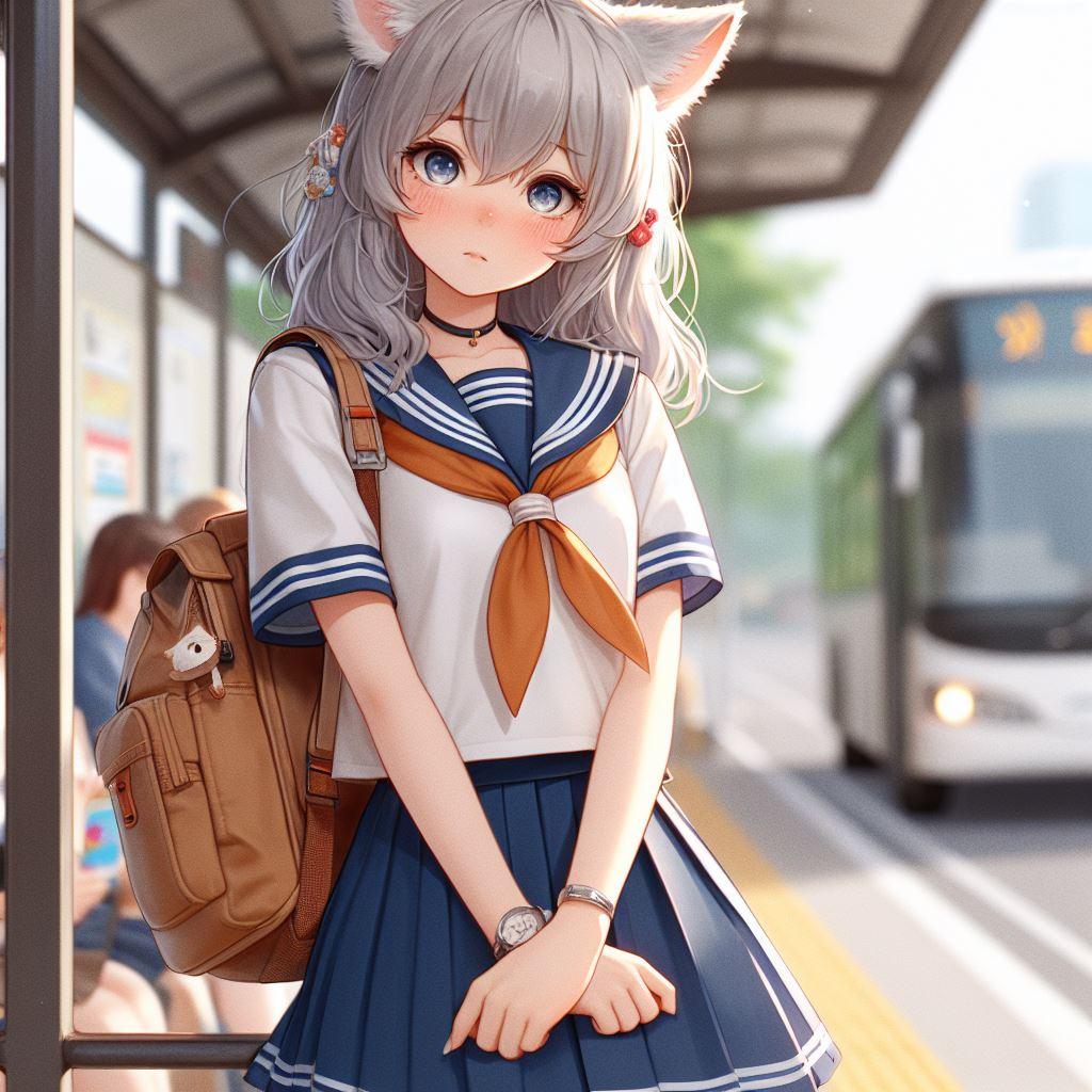 バス停で待つ虎耳娘