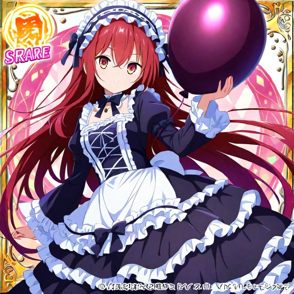 風船を持つ赤い髪ロングのロリータ衣装の美少女。