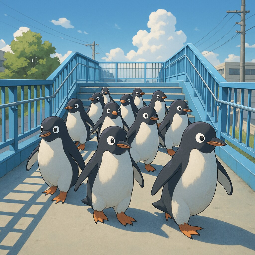 歩道橋を歩いているペンギンの群れ
