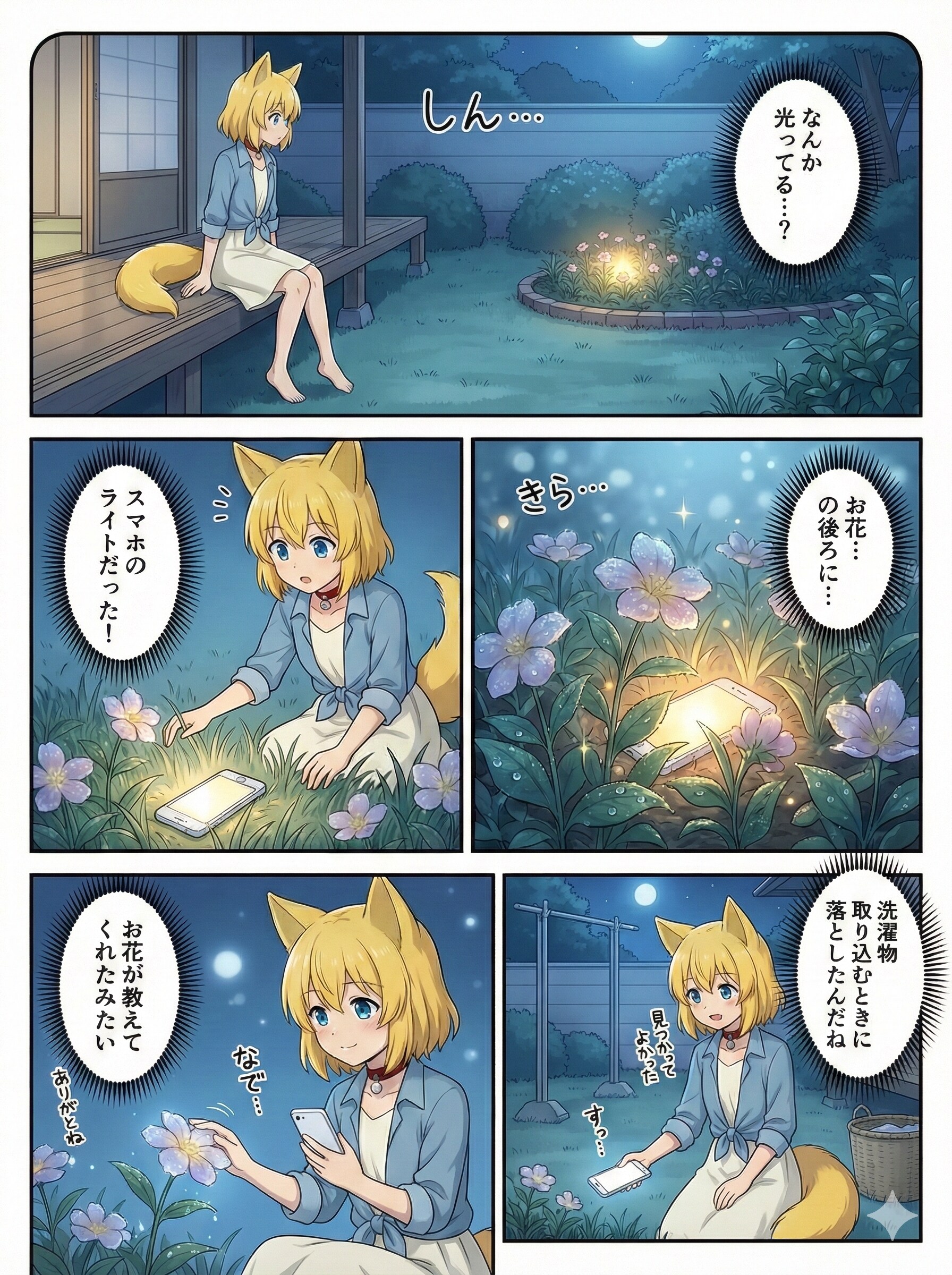 月明かりで庭の花を観賞していたらひときわ輝く一輪を見つけ不思議に思って近づいていくキツネ | の人気AIイラスト・グラビア