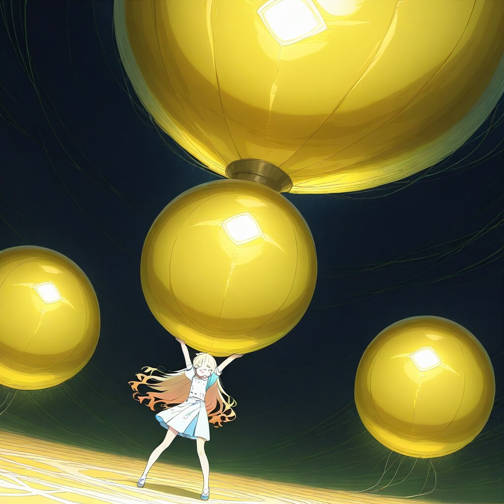 黄色の巨大風船を持つブロンドの美女