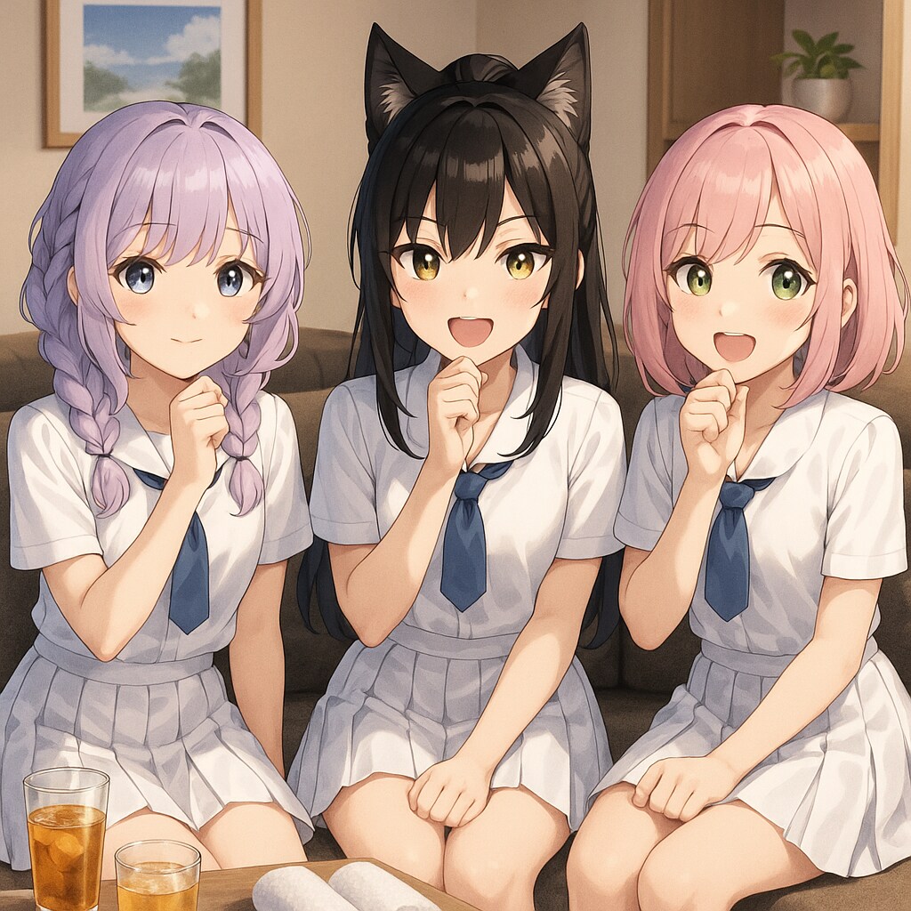 ソファで微笑む、制服姿の三人の少女たち | の人気AIイラスト・グラビア