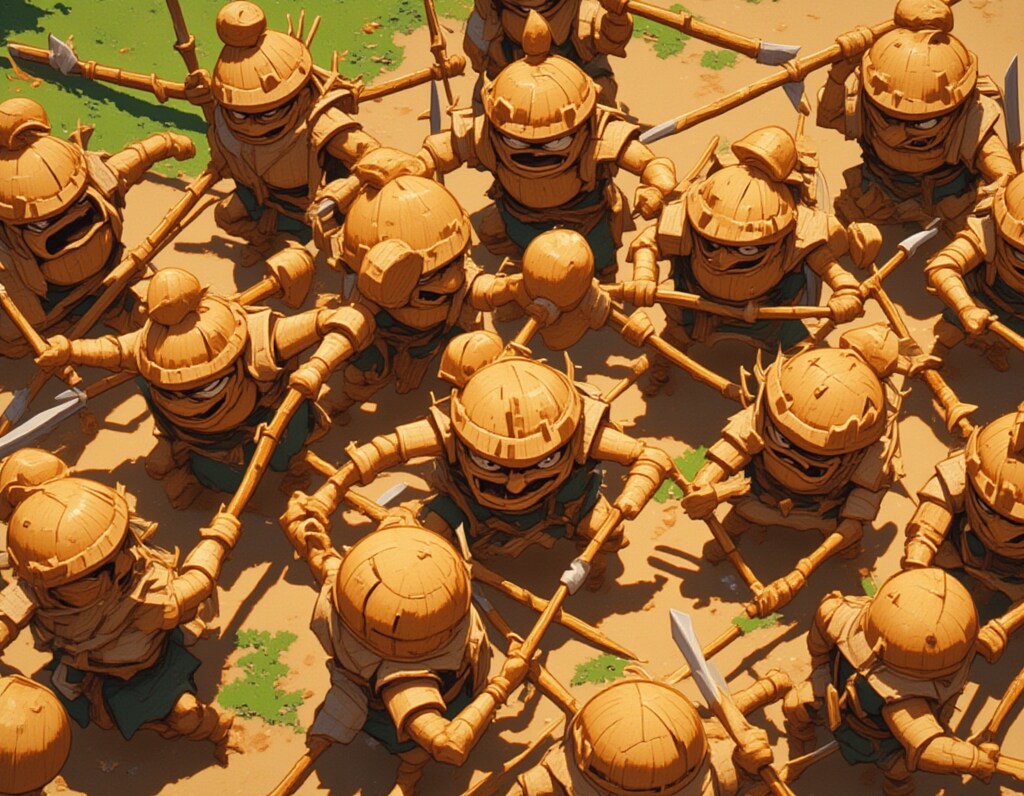 ユーモラスな木製戦士たちの決闘