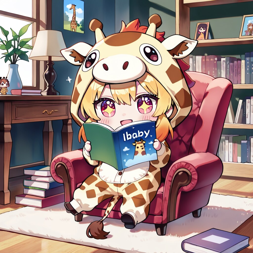 図書館で読書するキリン着ぐるみちび子ちゃん | の人気AIイラスト・グラビア