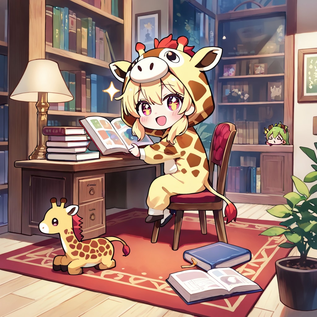 図書館で読書するキリン着ぐるみちび子ちゃん