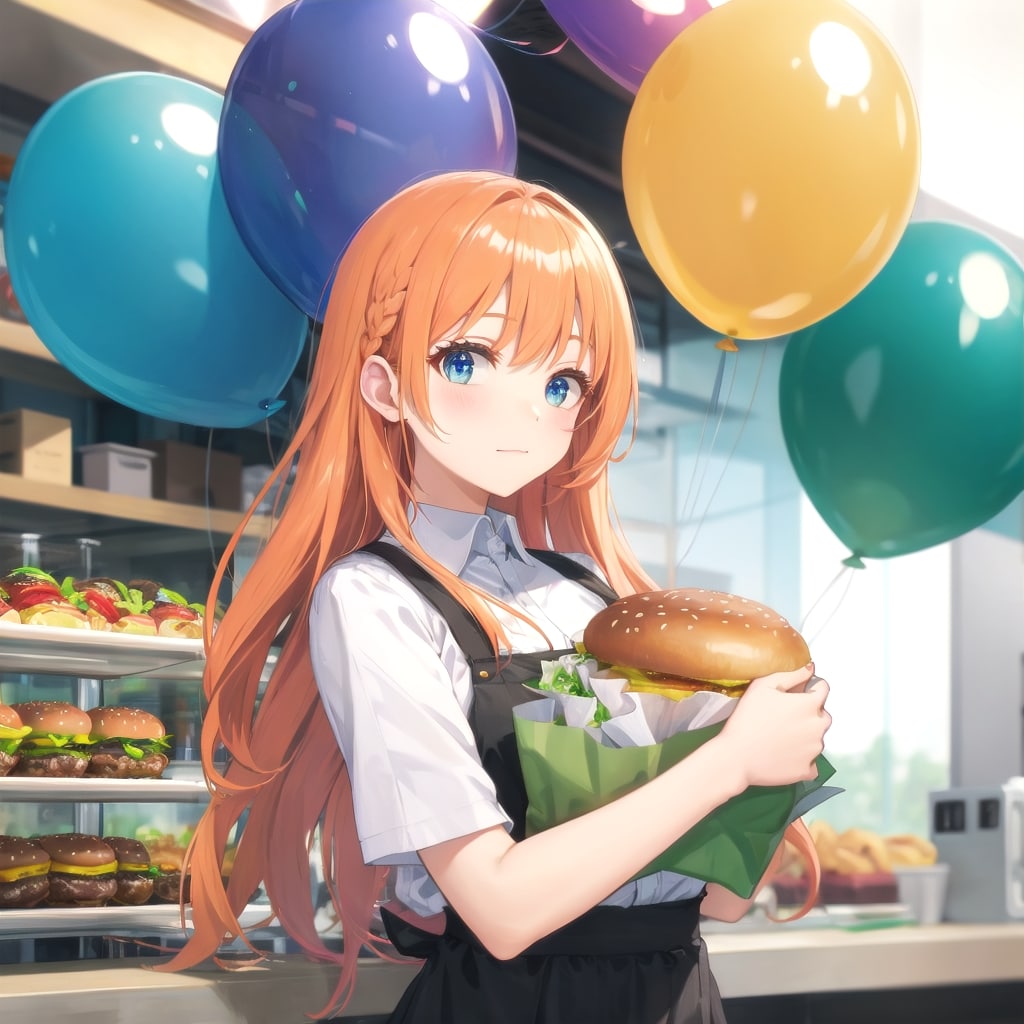 いっぱい風船を持つオレンジ髪ロングのハンバーガーショップの美女店員さん | の人気AIイラスト・グラビア