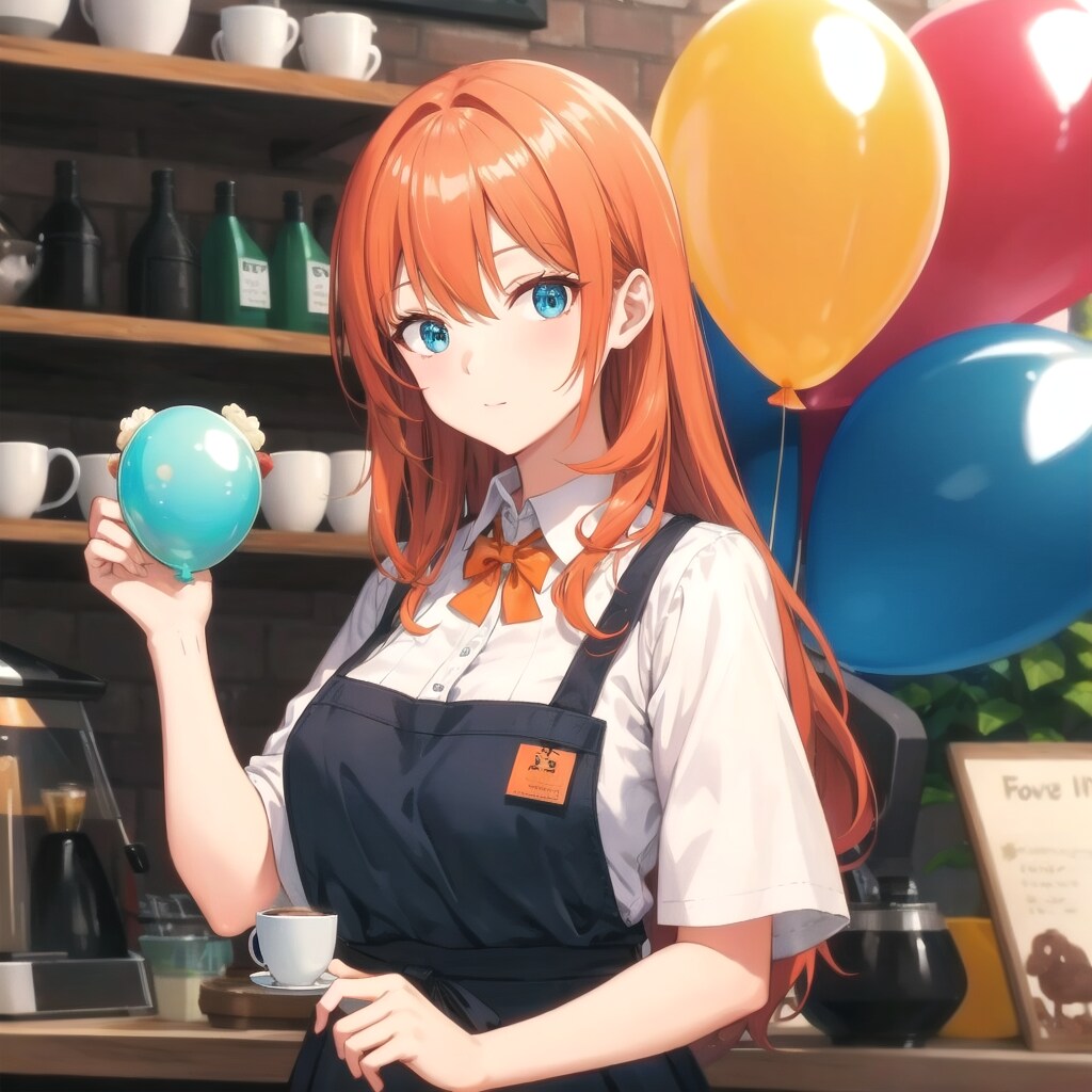 いっぱい風船を持つオレンジ髪ロングの喫茶店の美女店員さん | の人気AIイラスト・グラビア