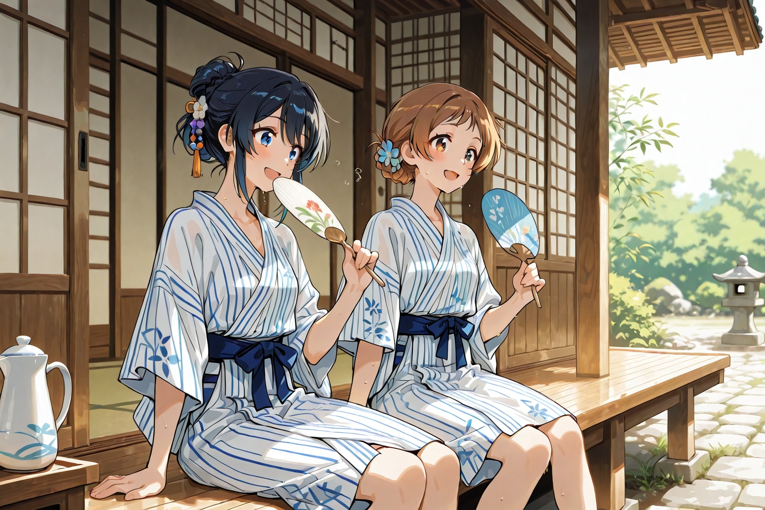 涼をとる２人