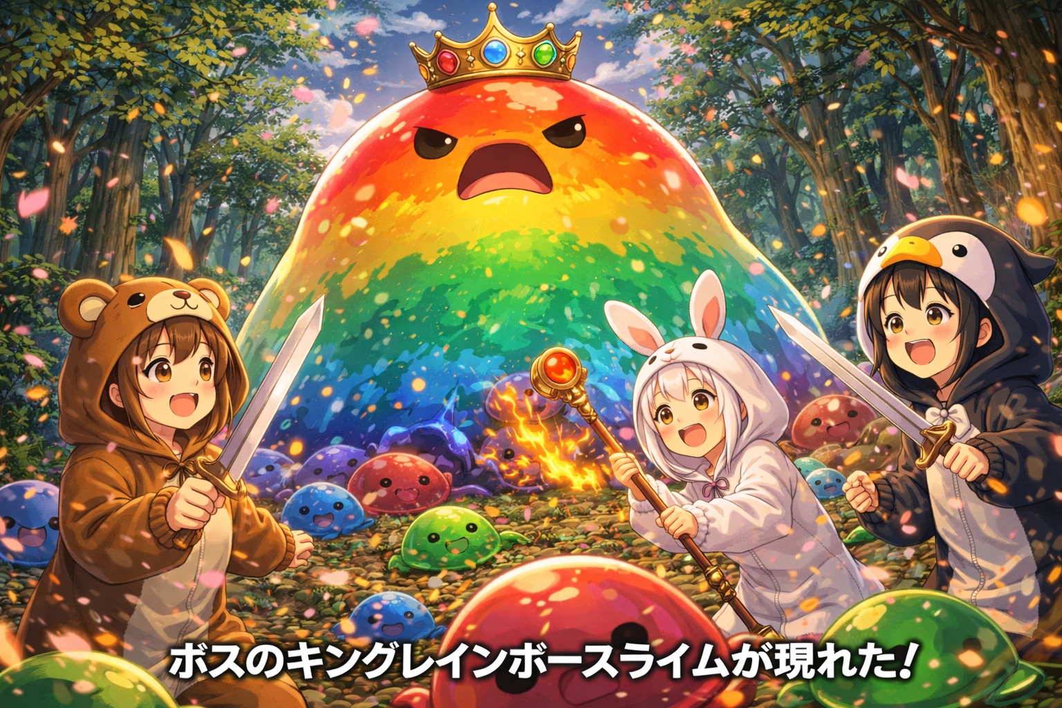 【All0421c】討伐直後、スライムの王キングレインボースライム現れた！さあ戦闘開始だ（モデル: ChatGPT） | の人気AIイラスト・グラビア